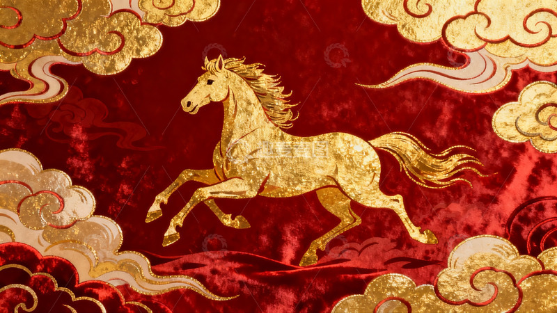 高清大图下载【趣麦麦图】金色骏马奔腾于祥云红底之上