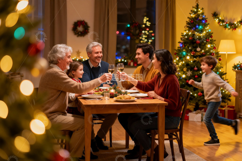 高清大图下载【趣麦麦图】圣诞家庭聚餐温馨场景