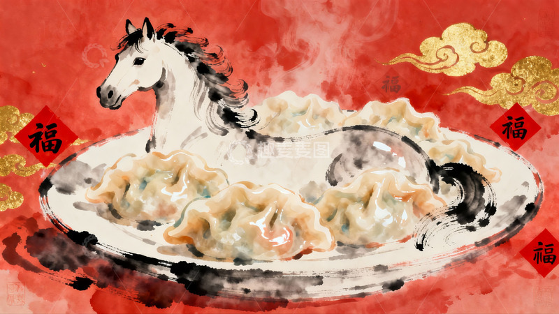 高清大图下载【趣麦麦图】水墨风格饺子与骏马图案