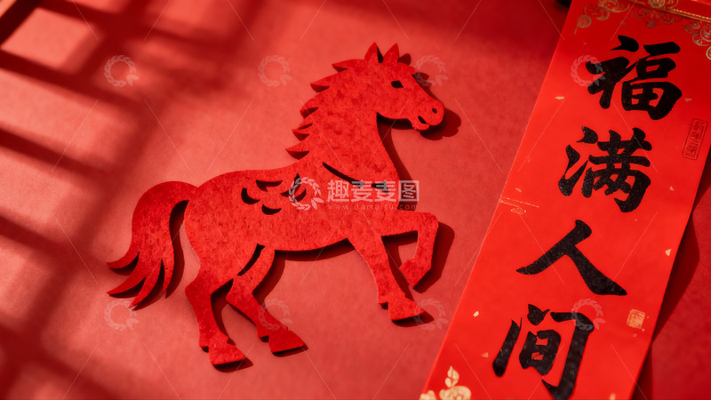 高清大图下载【趣麦麦图】红色剪纸马与福字春联