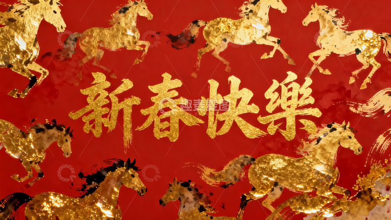 高清大图下载【趣麦麦图】红色背景金色骏马新春祝福图