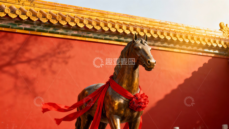 高清大图下载【趣麦麦图】古铜马雕像映衬红墙黄瓦