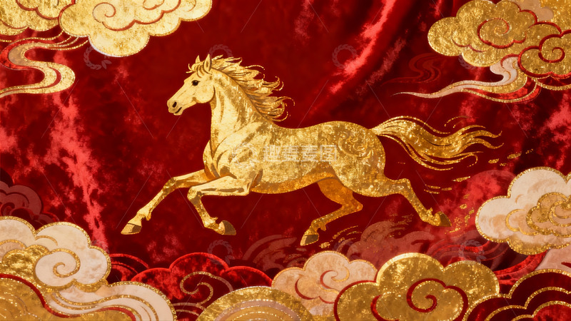 高清大图下载【趣麦麦图】金色骏马飞奔于祥云之上
