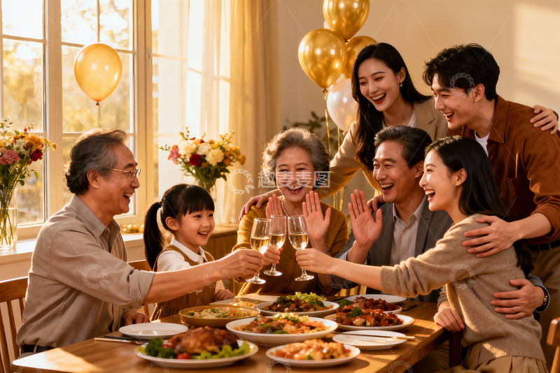 高清大图下载【趣麦麦图】三代同堂家庭聚餐欢庆时刻