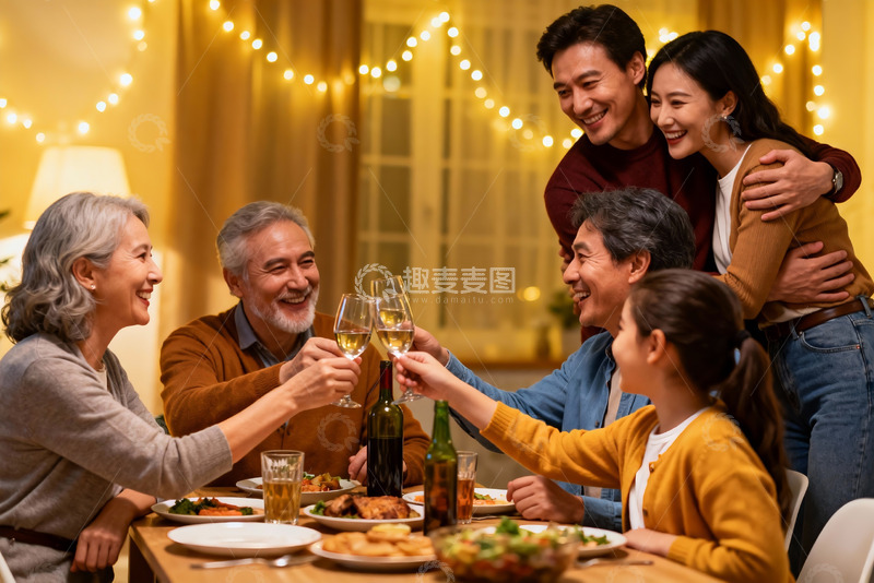高清大图下载【趣麦麦图】温馨家庭聚餐举杯欢庆