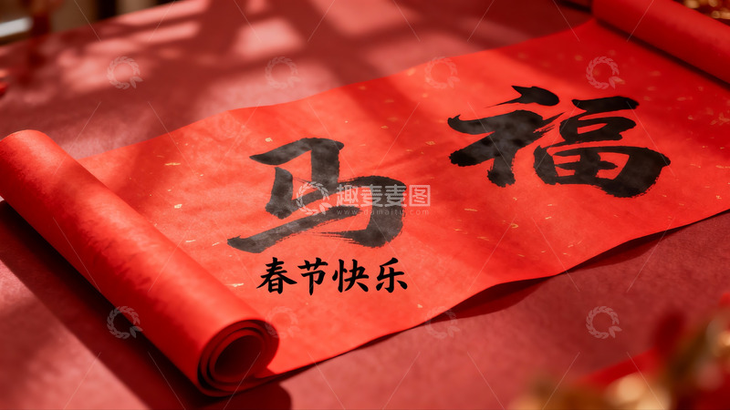 高清大图下载【趣麦麦图】春节红色卷轴书法福字