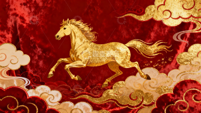 高清大图下载【趣麦麦图】金色骏马腾云驾雾祥瑞图