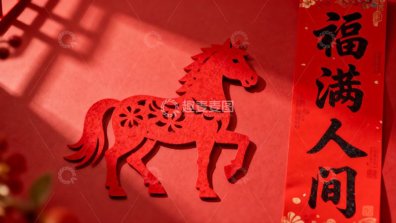 高清大图下载【趣麦麦图】红色剪纸马与福字春联