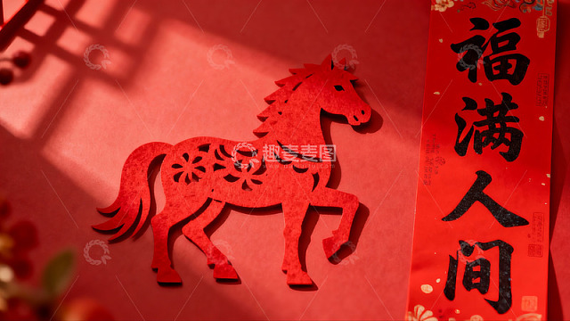 红色剪纸马与福字春联