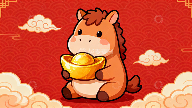 卡通马抱金元宝迎新春