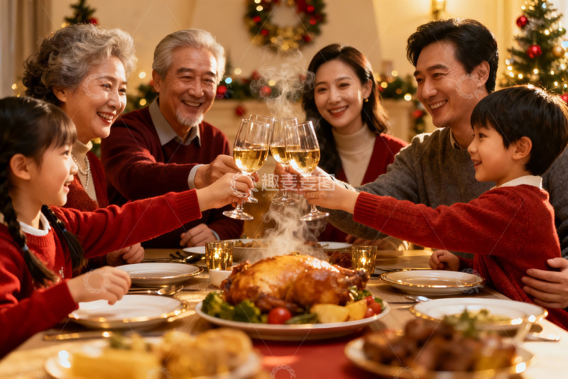 高清大图下载【趣麦麦图】圣诞家庭聚餐举杯欢庆