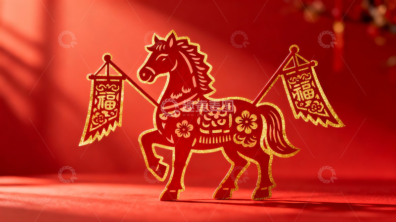 高清大图下载【趣麦麦图】红色剪纸马挂饰新年装饰