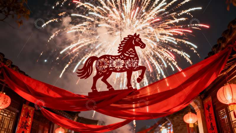 高清大图下载【趣麦麦图】烟花映衬下的中式马形剪纸装饰