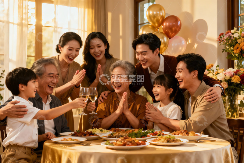高清大图下载【趣麦麦图】三代同堂家庭聚餐欢庆时刻