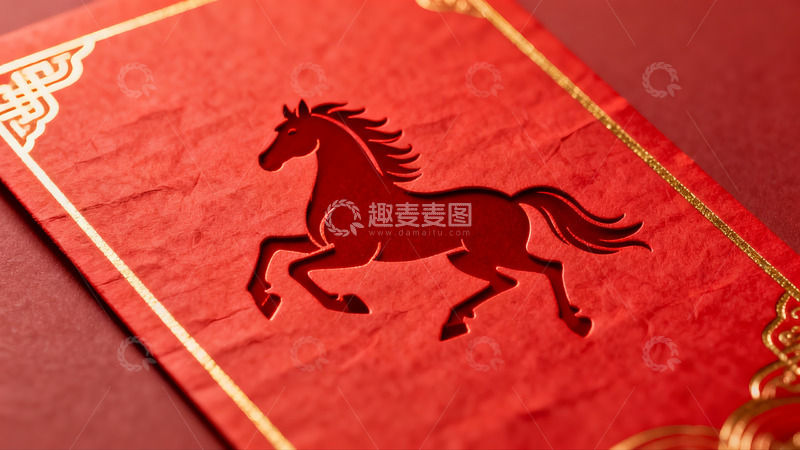 高清大图下载【趣麦麦图】红色纸张上的马形剪纸图案