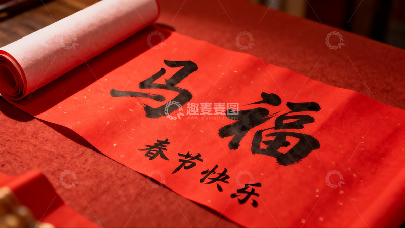 高清大图下载【趣麦麦图】红色春联书写马福春节快乐