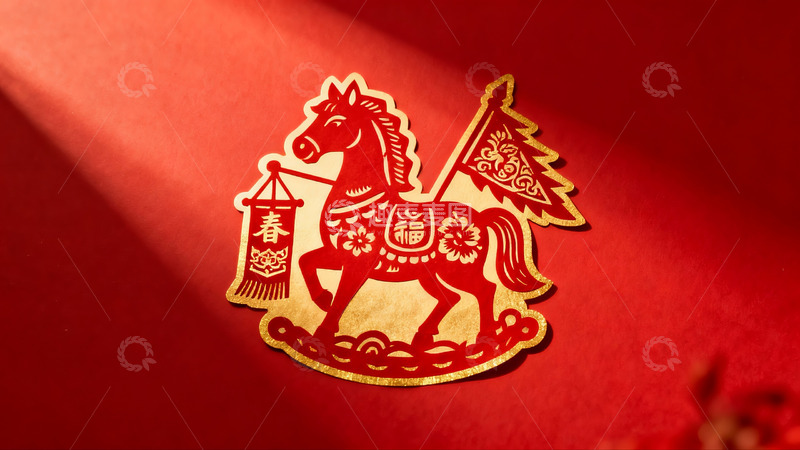 高清大图下载【趣麦麦图】红色背景上的马形剪纸艺术