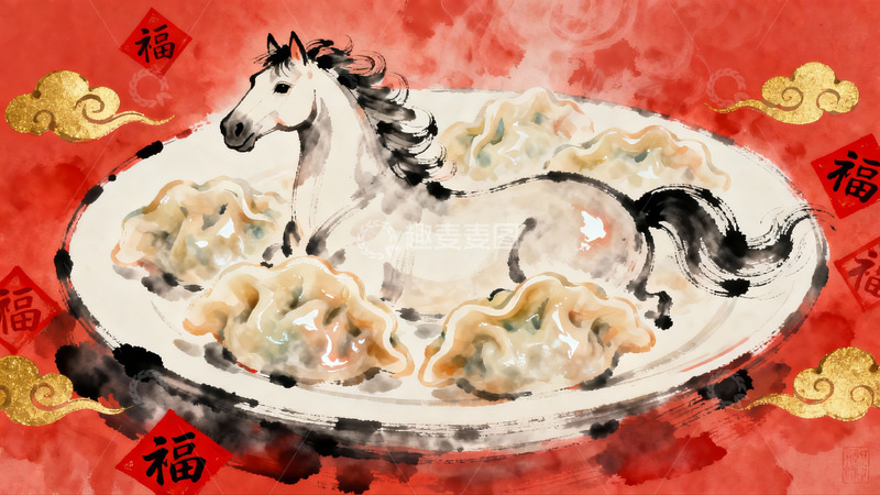 高清大图下载【趣麦麦图】水墨骏马饺子图