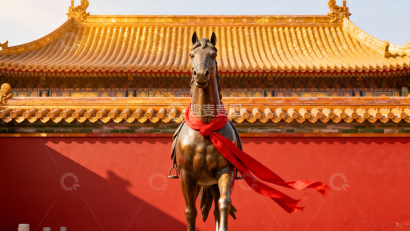 高清大图下载【趣麦麦图】金色宫殿前的红绸马雕