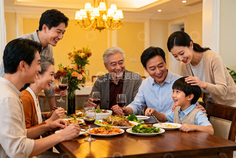 高清大图下载【趣麦麦图】三代同堂家庭聚餐温馨场景