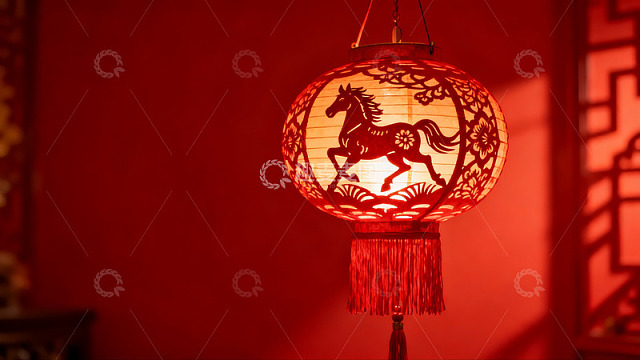 红色灯笼映衬骏马剪影