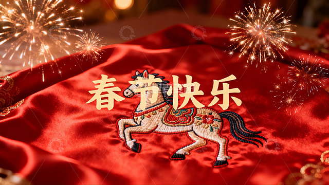 春节烟花红布马绣图
