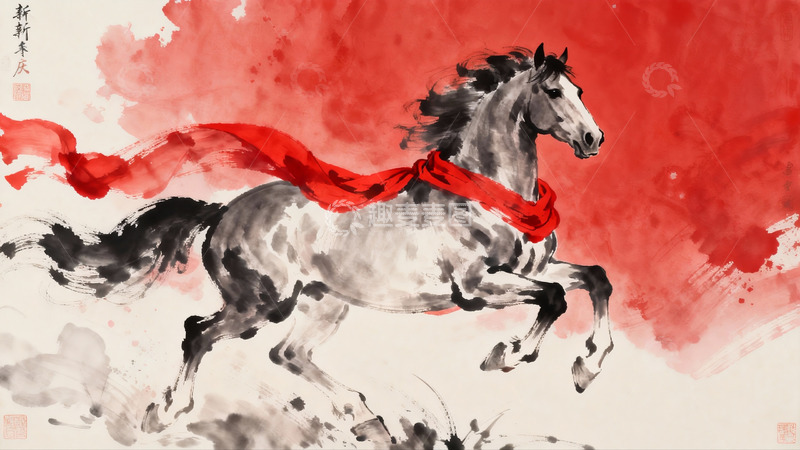 高清大图下载【趣麦麦图】奔腾骏马红绸飘扬水墨画