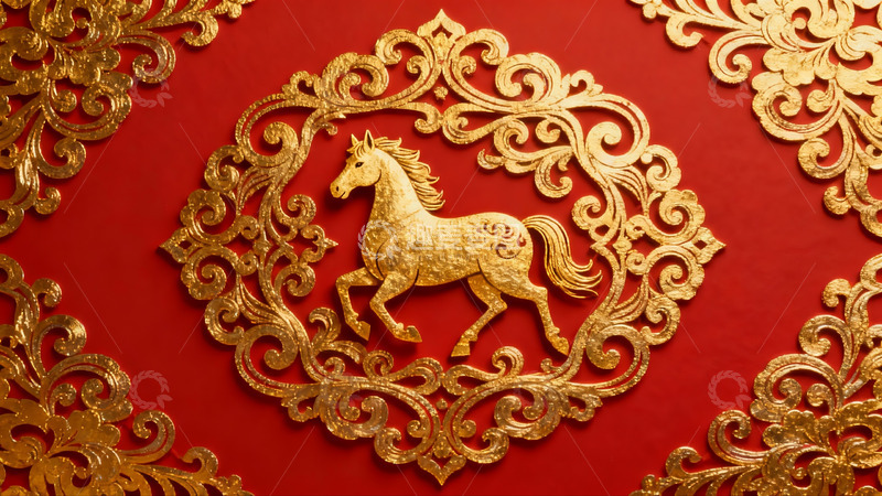 高清大图下载【趣麦麦图】金色骏马图案红色背景装饰画