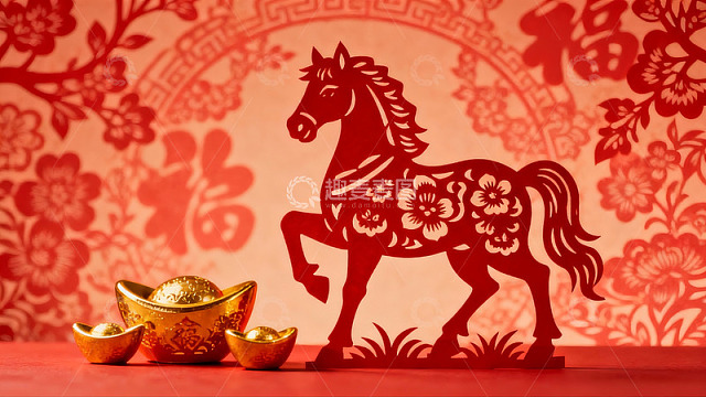 红色剪纸马与金色元宝新年装饰