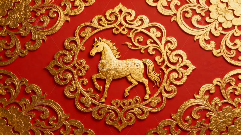 高清大图下载【趣麦麦图】金色骏马红色背景装饰图案
