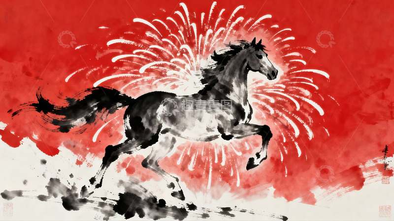 高清大图下载【趣麦麦图】奔腾骏马烟花绽放
