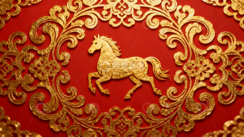 高清大图下载【趣麦麦图】金色骏马红底装饰图案