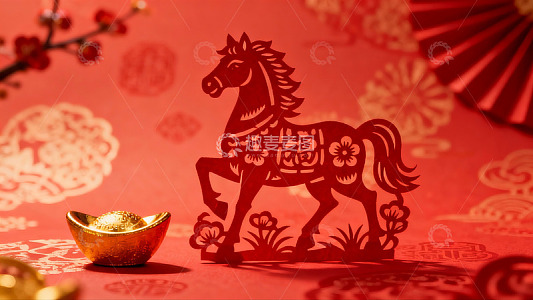 红色剪纸马与金元宝新年装饰