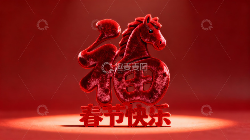 高清大图下载【趣麦麦图】红色福字马形装饰春节祝福