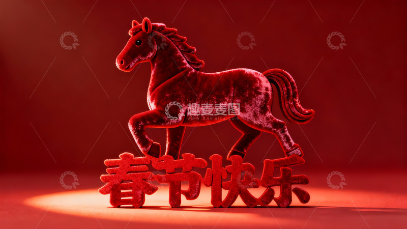 高清大图下载【趣麦麦图】红色绒马摆件配春节祝福语