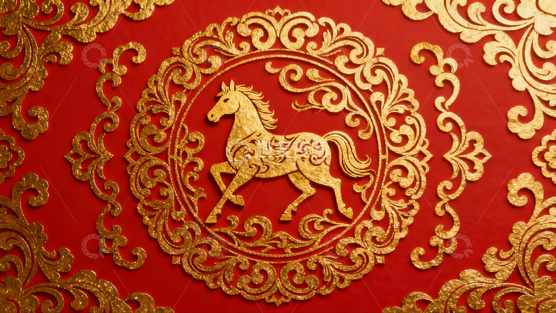 高清大图下载【趣麦麦图】红色背景金色马纹装饰图案