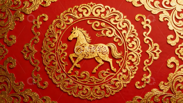 红色背景金色马纹装饰图案