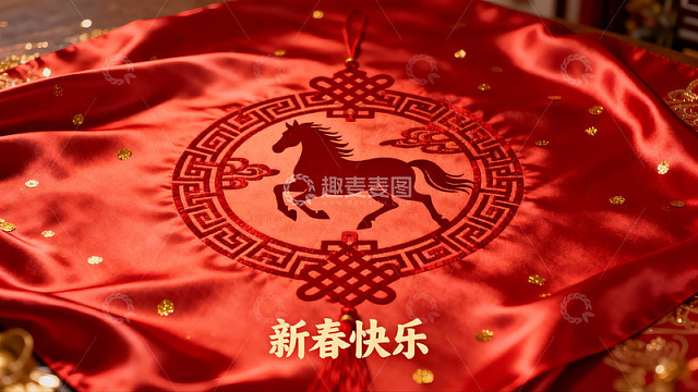 红色布料上的马年图案新春祝福