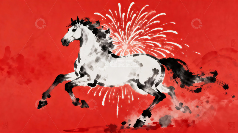 高清大图下载【趣麦麦图】水墨骏马烟花绽放红背景