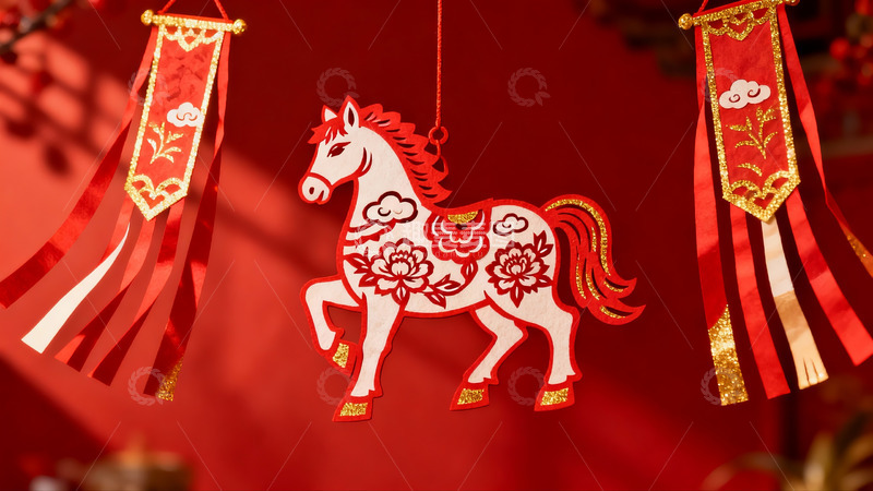 高清大图下载【趣麦麦图】红色背景下的马形剪纸挂饰