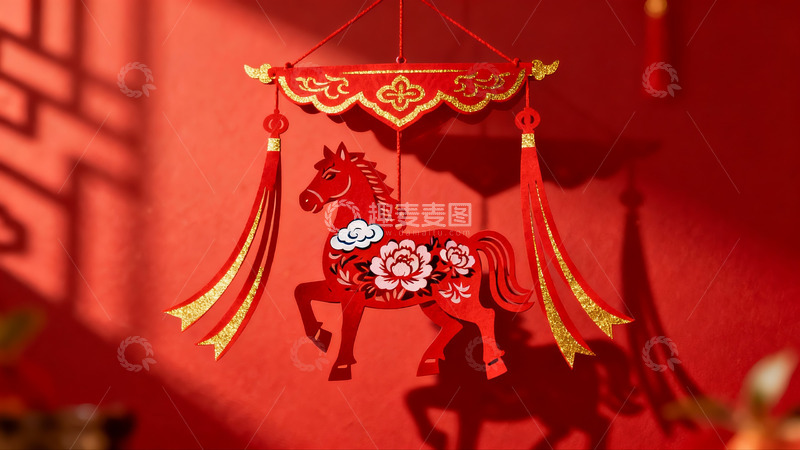 高清大图下载【趣麦麦图】红色剪纸马挂饰节日装饰