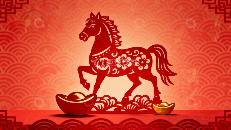 高清大图下载【趣麦麦图】红色剪纸马与金元宝新年装饰