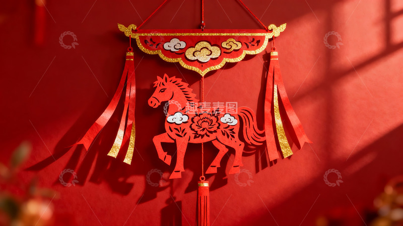高清大图下载【趣麦麦图】红色剪纸马挂饰迎新春