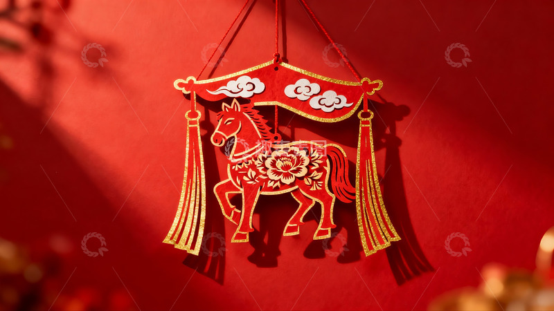 高清大图下载【趣麦麦图】红色背景上的马形剪纸挂饰