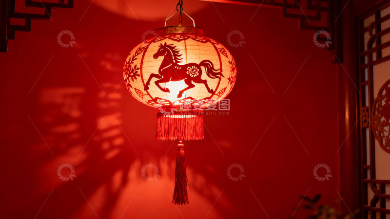 高清大图下载【趣麦麦图】红色灯笼映衬马形剪影