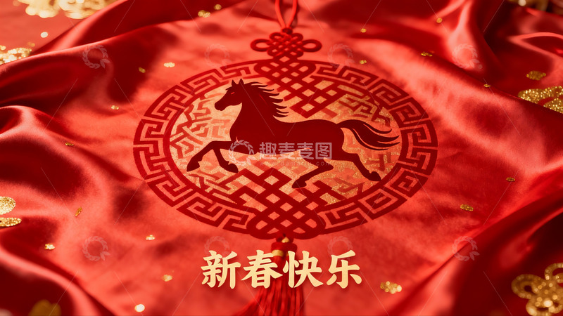 高清大图下载【趣麦麦图】红色布料上的马年剪纸装饰