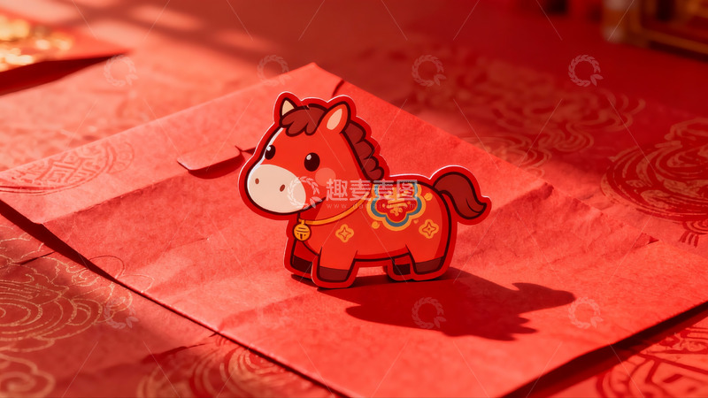 高清大图下载【趣麦麦图】红色红包上的卡通马装饰