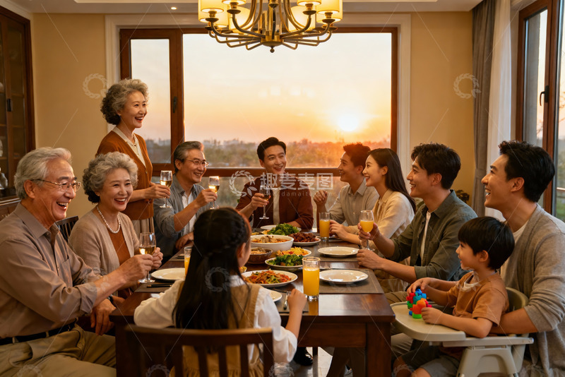 高清大图下载【趣麦麦图】三代同堂家庭聚餐温馨时刻