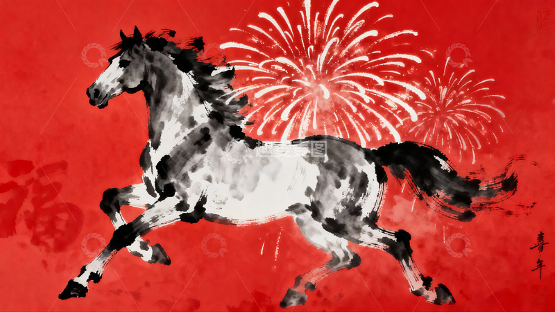 高清大图下载【趣麦麦图】水墨骏马烟花红背景