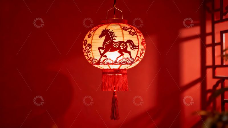 高清大图下载【趣麦麦图】红色灯笼映衬骏马剪影